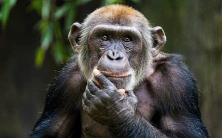 Chimpanzee monkey portrait closeup in natural habitat. Wildlife animal.の素材