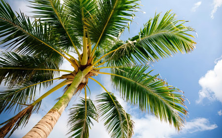 Coconut palm tree with blue sky and white cloud background.の素材