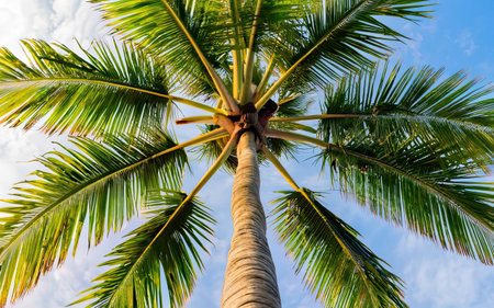Coconut palm tree with blue sky background. Coconut palm tree top viewの素材