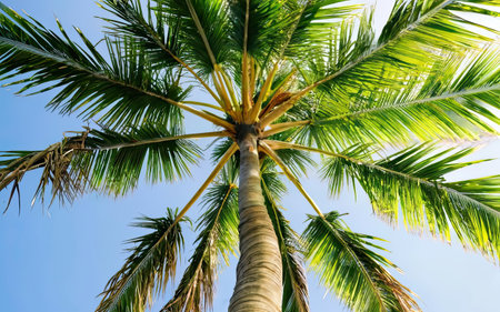Coconut palm tree on blue sky background. Coconut palm tree top viewの素材
