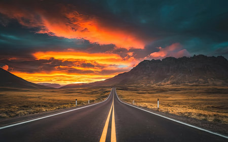 Sunset on the road in the desert of Iceland. Travel backgroundの素材