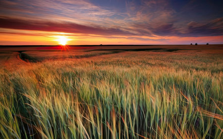 Sunset over a wheat field in the summer. Landscape.の素材