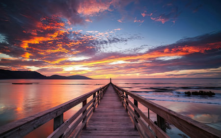 Wooden pier on the sea at sunset. Beautiful natural background.の素材