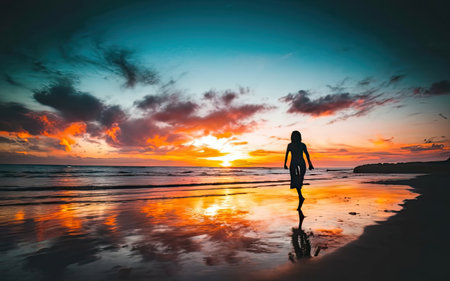 Silhouette of young woman walking on the beach at sunset.の素材