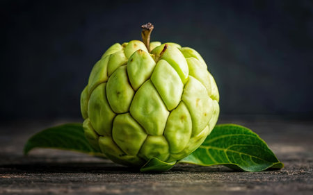Custard apple with green leaves on old wooden table background.の素材