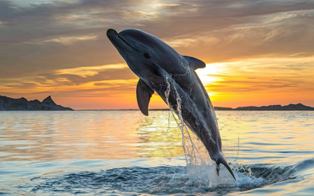 Dolphins jump out of the water in the sea at sunset.の素材