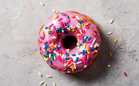 Donut with pink glaze and colorful sprinkles on grey backgroundの素材