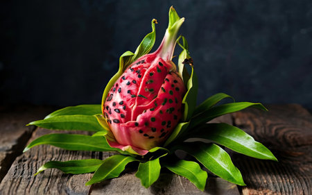 Dragon fruit with green leaves on a dark background. Tropical fruit.の素材