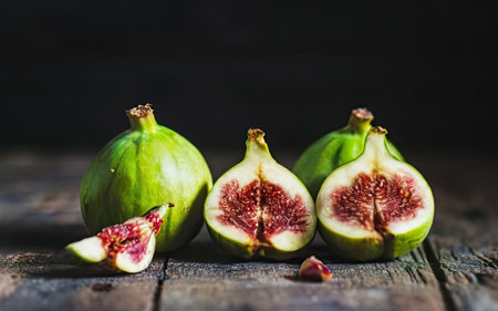 Fresh figs on rustic wooden table, selective focus, copy spaceの素材