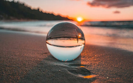 crystal ball on the beach at sunset. beautiful reflection in waterの素材