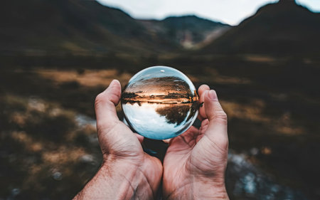 Crystal ball in hand of a man on the background of the mountains.の素材