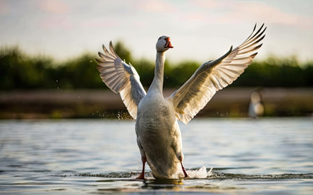 White swan with open wings flying in the air over the waterの素材