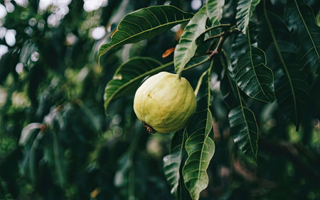 Guava fruit on the tree. Guava is a tropical fruit.の素材