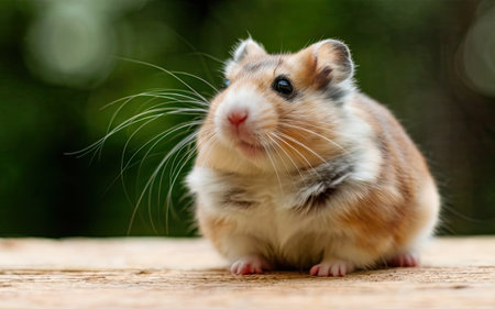 Hamster on the wooden floor with green background. Close up.の素材