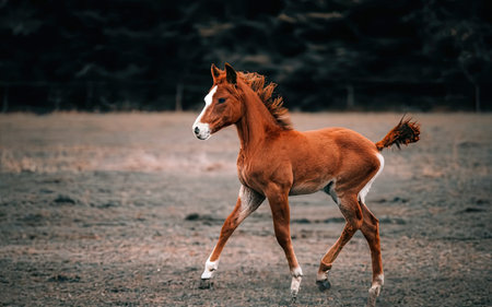 Red horse running on the field in the evening. Portrait of a foal.の素材