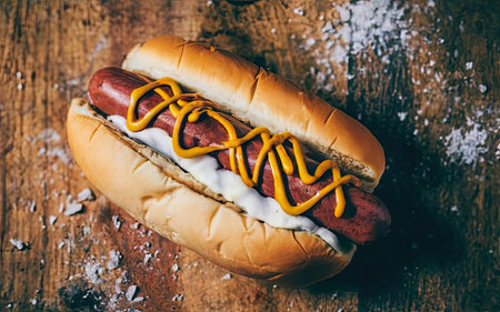 Delicious hot dog with mustard and ketchup on a wooden backgroundの素材