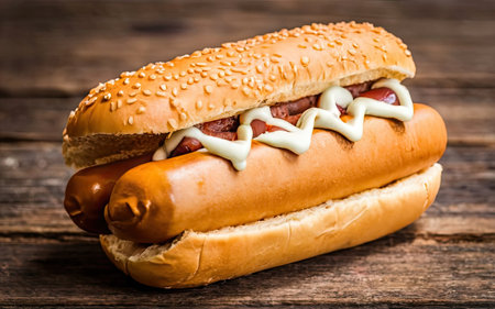 Hot dog with sausage and ketchup on a wooden background. Toned.の素材