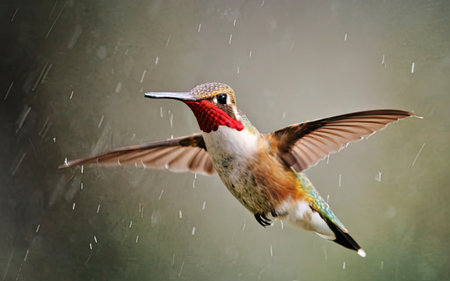 Ruby-throated Hummingbird (archilochus colubris) in flight with rainの素材