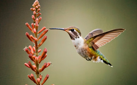 Female Ruby-throated Hummingbird (archilochus colubris) perched on an aloe vera flowerの素材