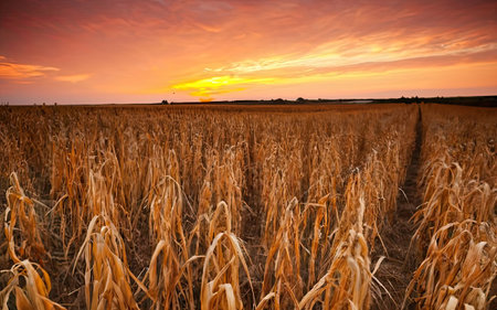 Sunset over a corn field with a man in the background.の素材
