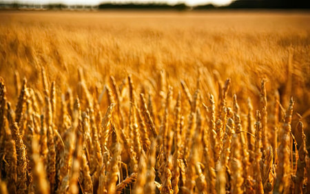 Golden ears of wheat on the field in summer. Selective focus.の素材