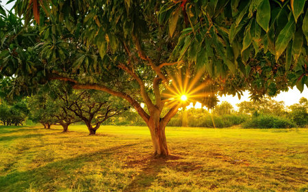 Mango tree in the garden at sunset. Beautiful summer landscape.の素材