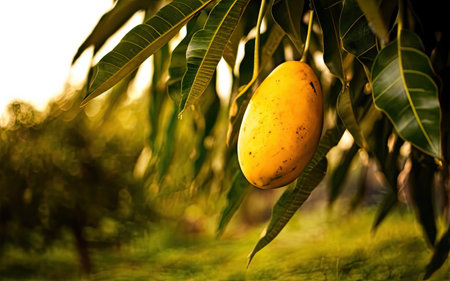 Mango fruit on the tree in the garden. Selective focus.の素材