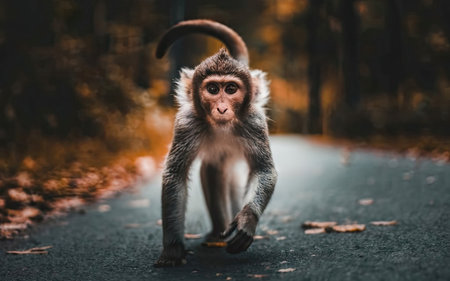Monkey walks on the road in the forest. Monkey in the forestの素材
