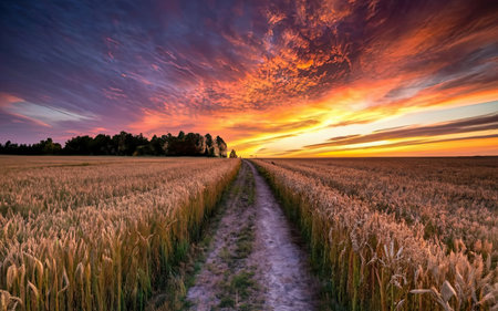 Sunset over wheat field in Poland. Dramatic sky. Beauty world.の素材