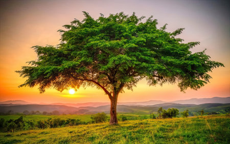 Beautiful sunset in the mountains with a tree on the foreground.の素材