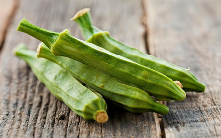 Fresh okra on wooden table, selective focus, shallow DOFの素材
