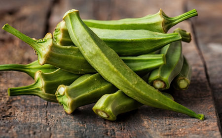 Fresh okra on rustic wooden background, selective focus, close upの素材