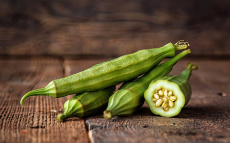 Fresh okra on a wooden background as detailed close-up shot (selective focus)の素材