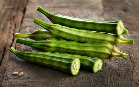 Fresh okra on wooden table, closeup. Vegetable backgroundの素材