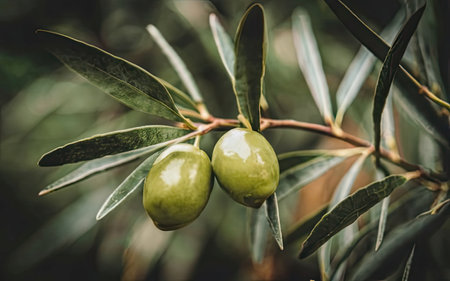 Olive tree branch with green olives. Olive groves in Montenegro.の素材