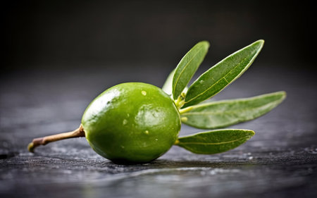 Fresh green olives with leaves on black wooden table, selective focusの素材