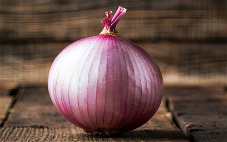 Red onion on a wooden background. Selective focus. Shallow depth of fieldの素材