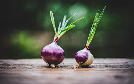 onion bulbs with green leaves on a wooden table in the gardenの素材