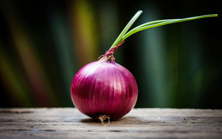 Red onion on old wooden table with blurred background. Shallow depth of fieldの素材