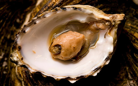 Oyster on a wooden background. Close-up. Selective focus.の素材