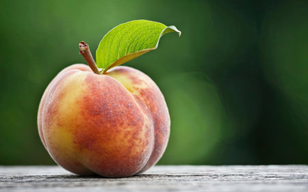 Ripe peaches on wooden table with blurred background, closeupの素材