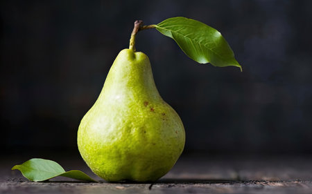 Foto de Ripe green pear with leaves on a wooden table, dark background - Imagen libre de derechos