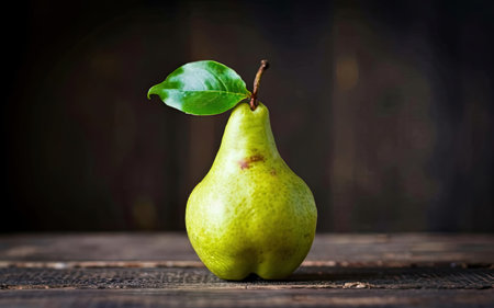 Ripe pears with green leaf on wooden table. Dark background.の素材