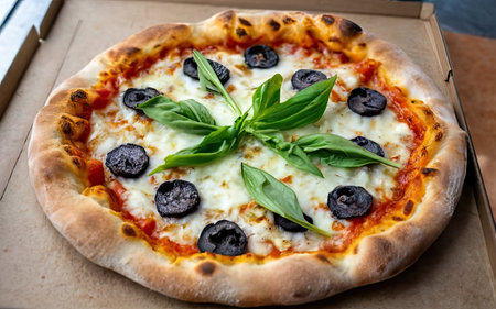 Pizza with mozzarella cheese, black olives and basilの素材