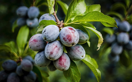 Ripe plums on a branch with leaves in the garden.の素材
