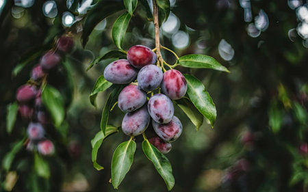 Ripe purple plums on the branches of a tree in the gardenの素材