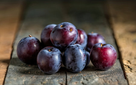 Ripe purple plums on rustic wooden background, selective focusの素材