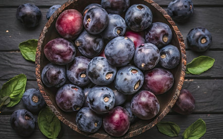 Fresh blueberries in a wooden bowl on a dark rustic backgroundの素材