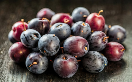 Fresh plums on rustic wooden background. Close up. Selective focus.の素材