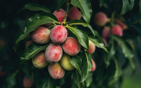 Ripe plums on the tree in the orchard. Selective focus.の素材